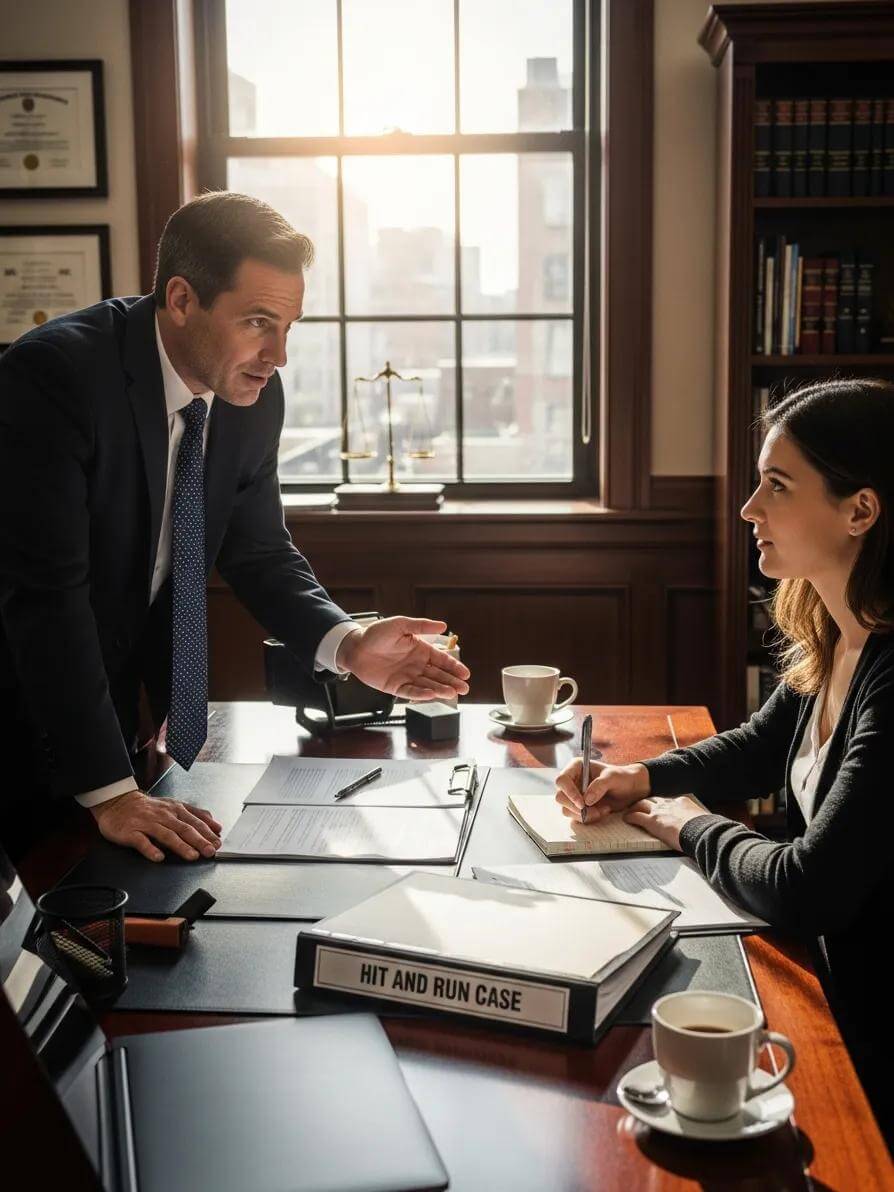 Hit-and-Run Charges in Toronto: Penalties, Defences and What to Expect 3 Lawyer and client reviewing defence options for a hit-and-run case