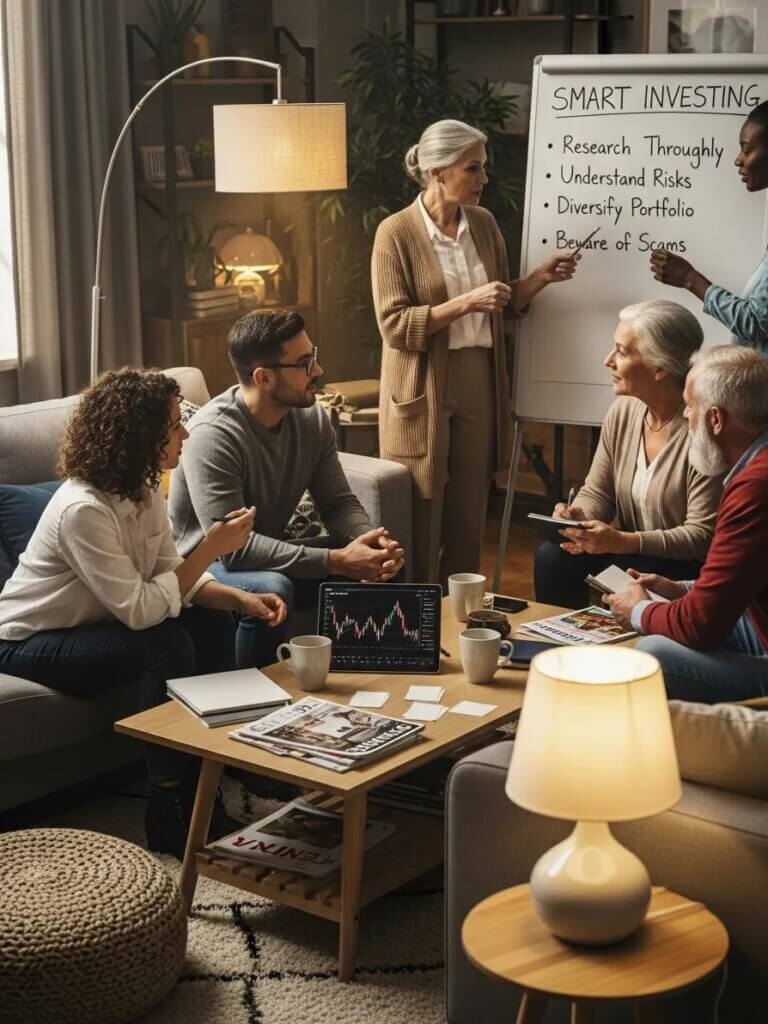 group discussion on investment opportunities in a cozy living room emphasizing financial awareness d f d aea dd