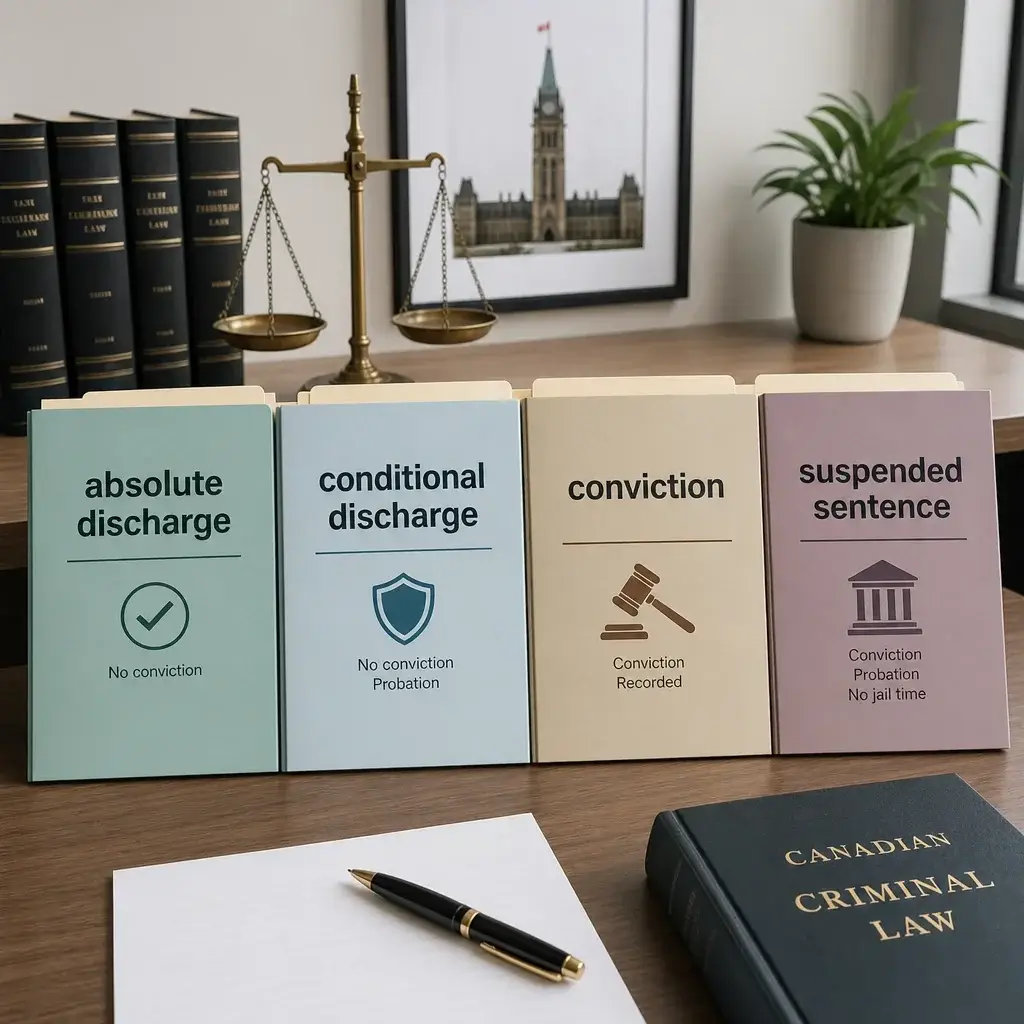 Absolute Discharge for Assault in Canada: Eligibility, Record Effects, and What Judges Consider 3 Comparison of absolute discharge, conditional discharge, conviction, and suspended sentence.