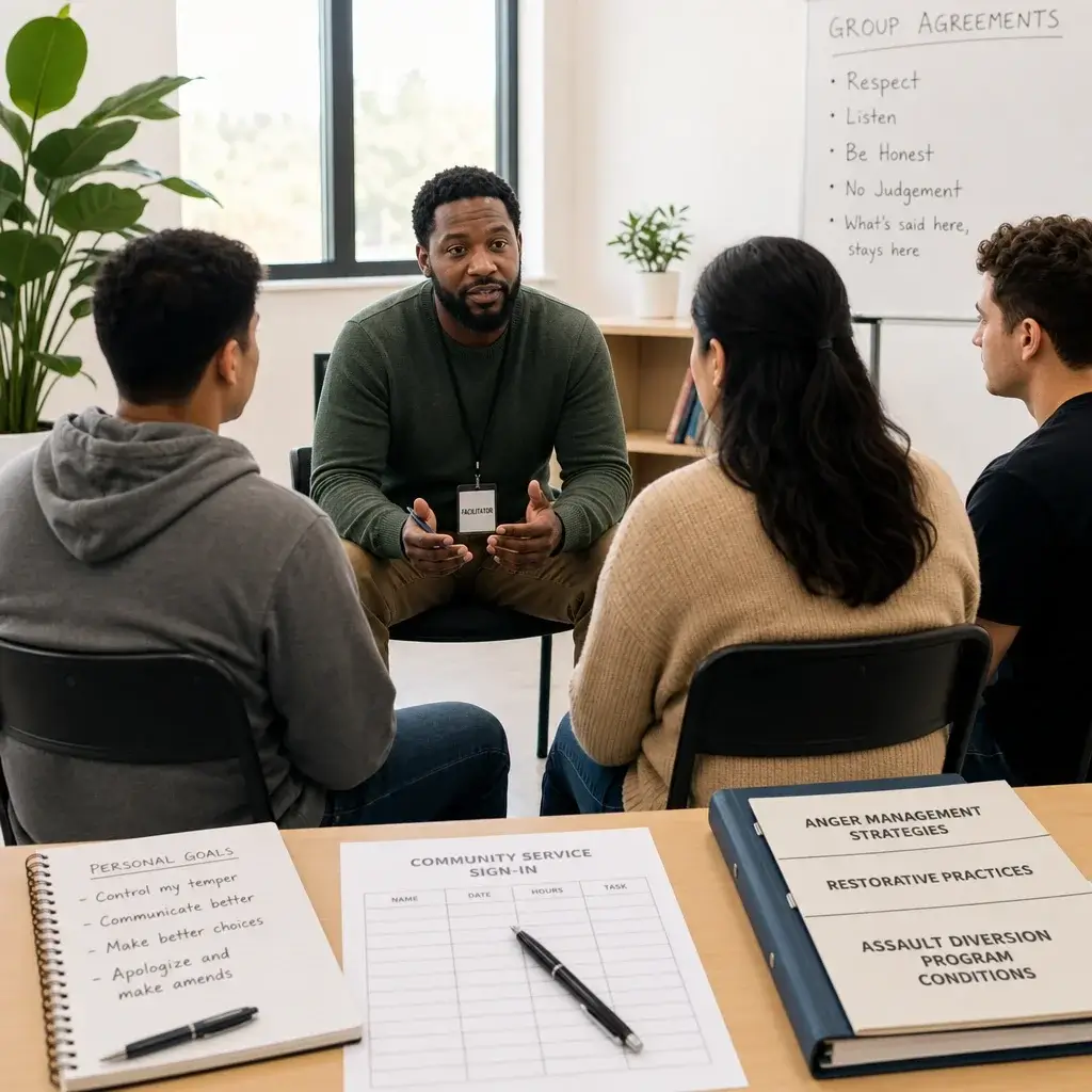 Alternative Measures for an Assault Charge in Canada: Eligibility, Process, and Record Impact 2 Small group counselling session representing common conditions in an assault diversion program.