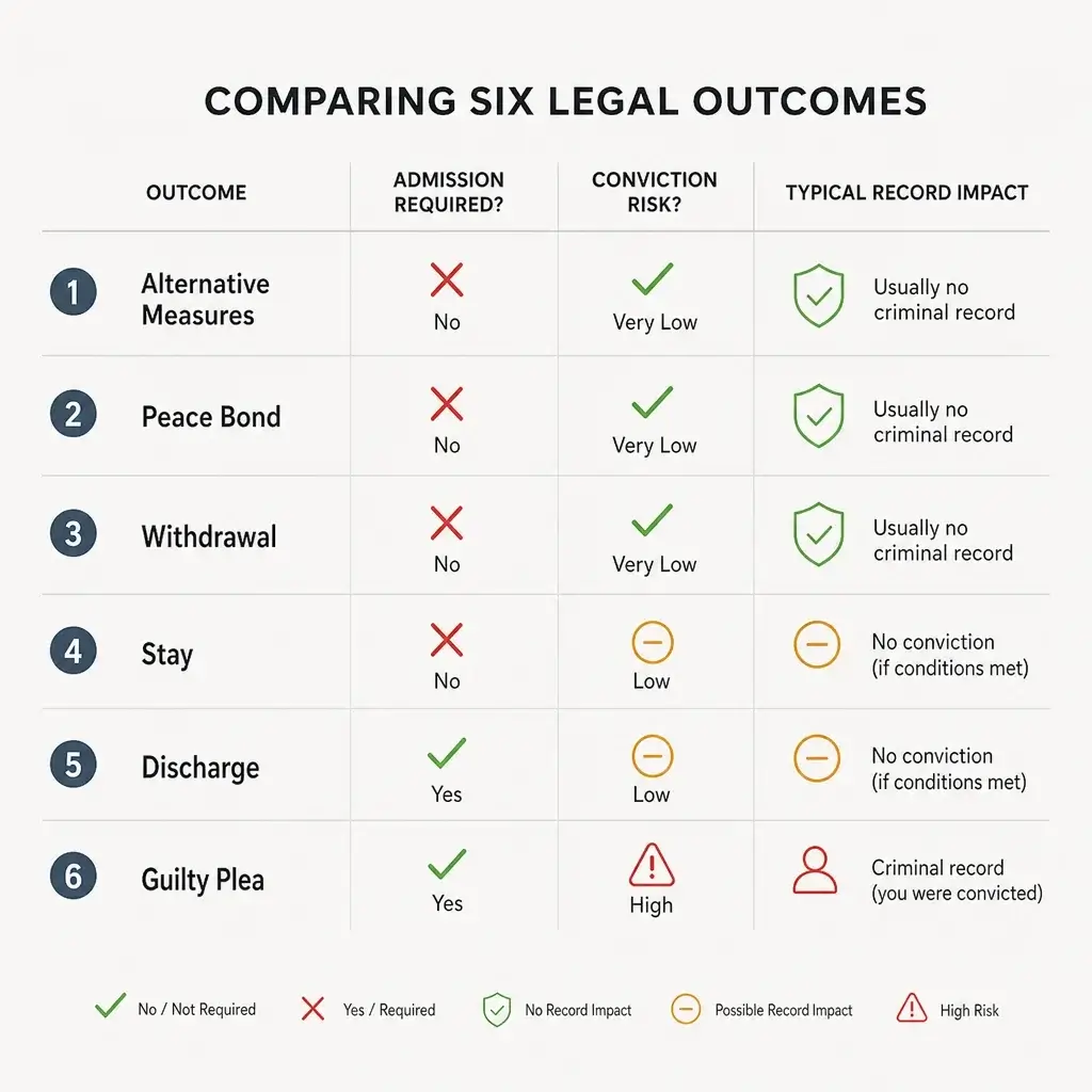 Alternative Measures for an Assault Charge in Canada: Eligibility, Process, and Record Impact 3 Comparison diagram showing the differences between alternative measures, peace bond, withdrawal, stay, discharge, and guilty plea.