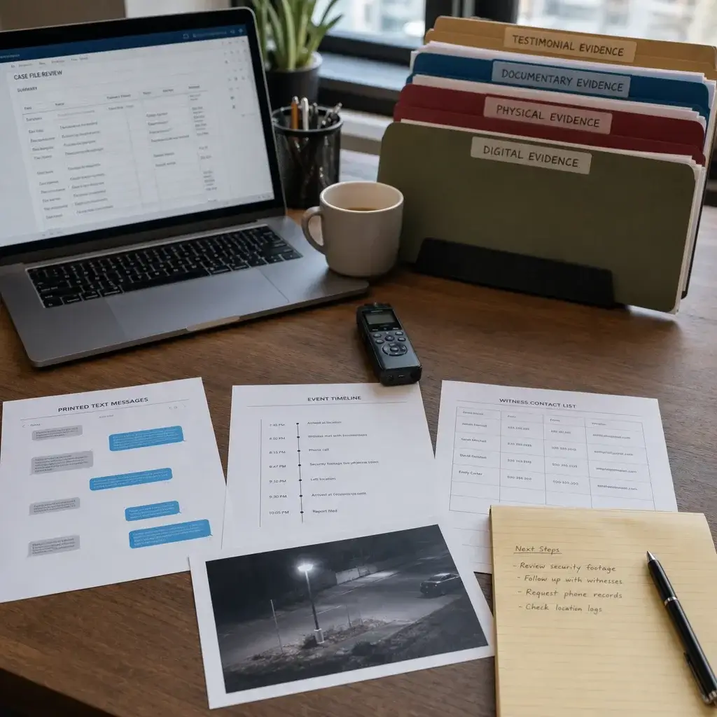 Assault Defence Checklist in Canada: What to Do After a Charge 2 A desk showing the main types of evidence used in an assault defence.