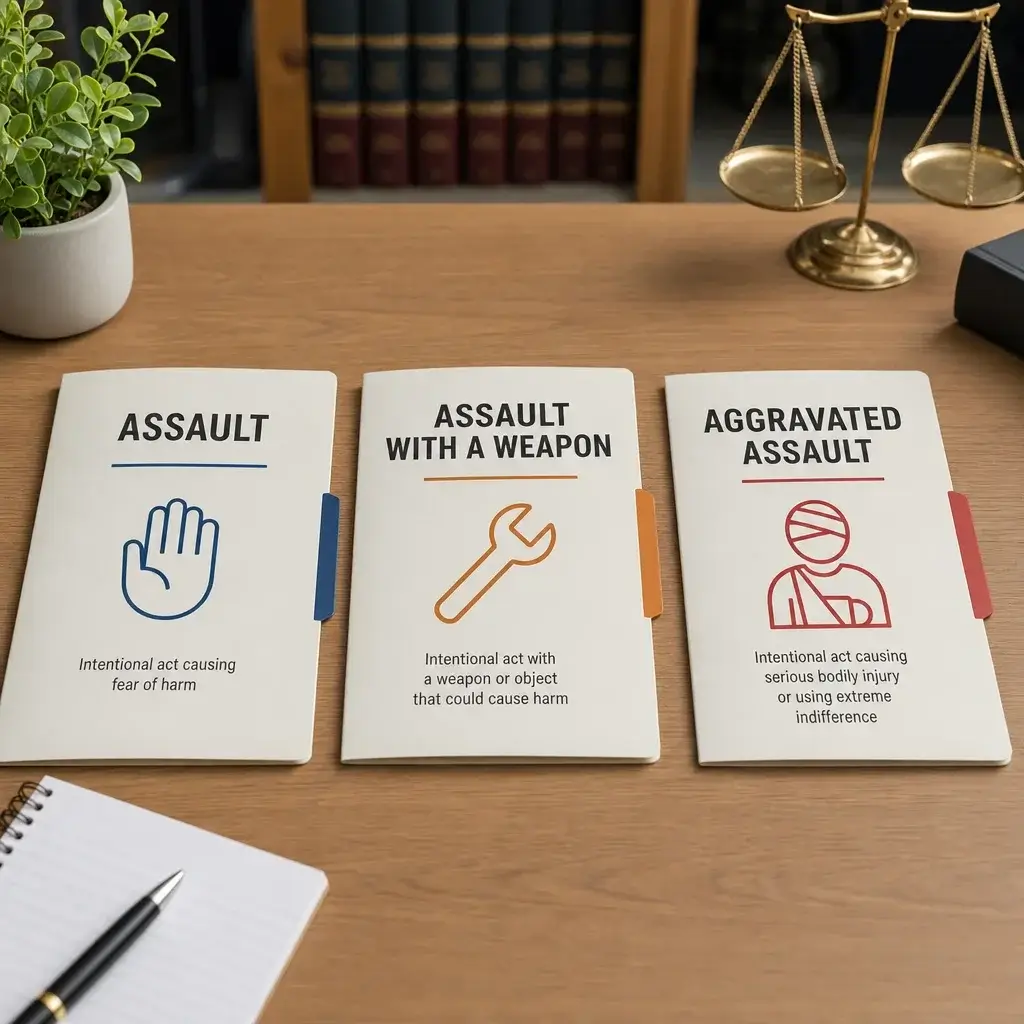 Aggravated Assault With a Deadly Weapon Meaning: Charges, Sentences, and Defences 2 Three labeled folders comparing assault, assault with a weapon, and aggravated assault.
