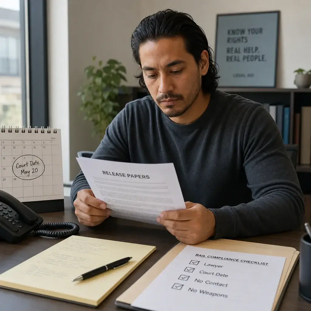 Aggravated Assault With a Deadly Weapon Meaning: Charges, Sentences, and Defences 8 A person reviewing bail papers and a checklist after arrest or charge.