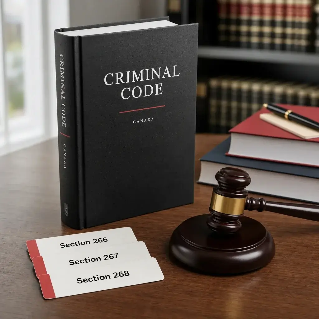 Aggravated Assault With a Deadly Weapon Meaning: Charges, Sentences, and Defences 5 A legal reference setup showing Canadian Criminal Code sections for different assault charges.