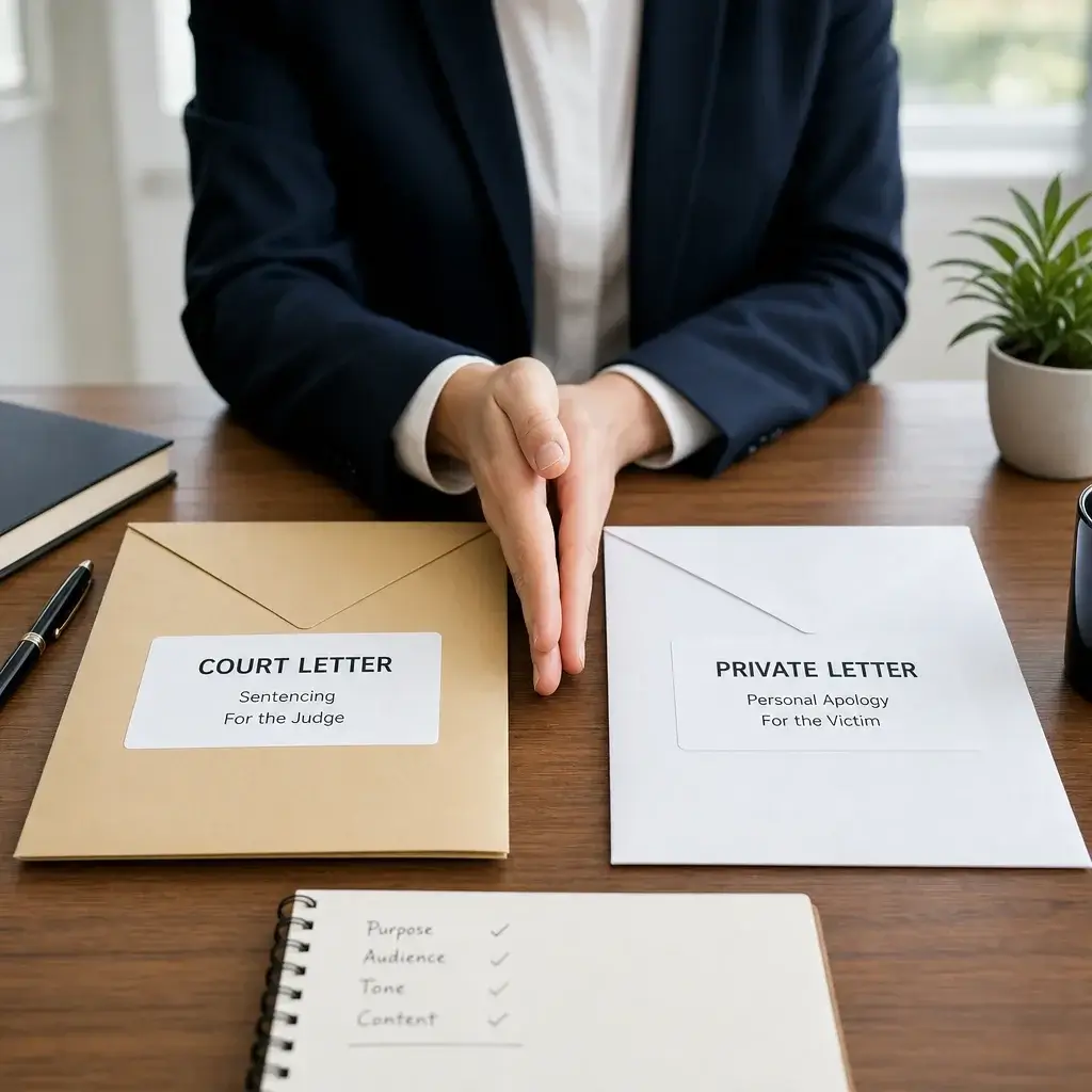 Apology Letter for an Assault Case: Court Sample, Template & What to Say 4 Two separate document folders showing the difference between a court letter and a victim letter.