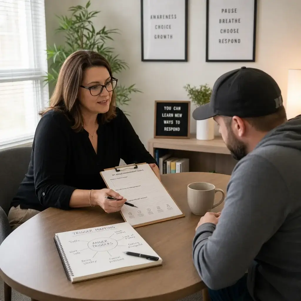 Anger Management for an Assault Charge: What Program Fits and What Courts May Accept 3 Counselor guiding a client through anger management exercises in a session room.