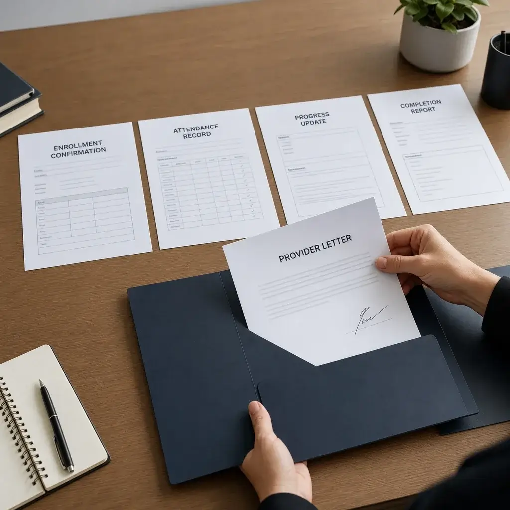 Anger Management for an Assault Charge: What Program Fits and What Courts May Accept 2 Court-related documents laid out on a desk with a provider preparing a letter.
