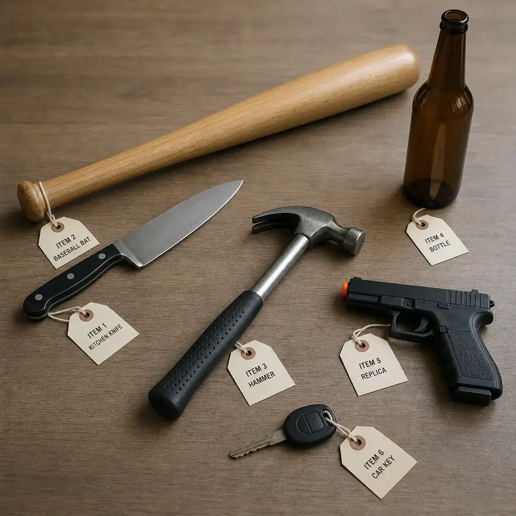 Aggravated Assault With a Deadly Weapon Meaning: Charges, Sentences, and Defences 3 Everyday objects arranged to show how different items may be treated as weapons or imitation weapons in law.