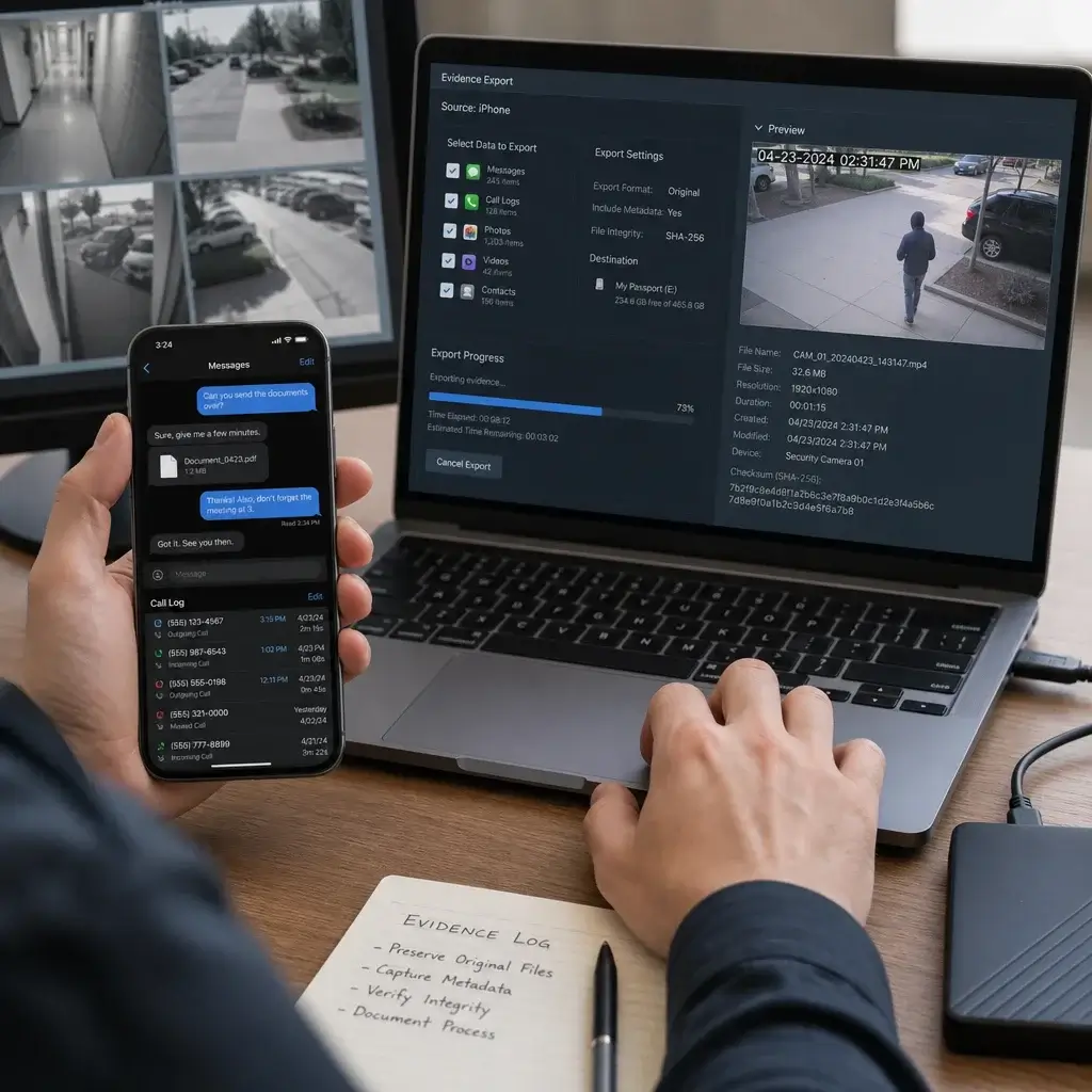 Assault Defence Checklist in Canada: What to Do After a Charge 3 A person preserving texts, video, and phone data as digital evidence.