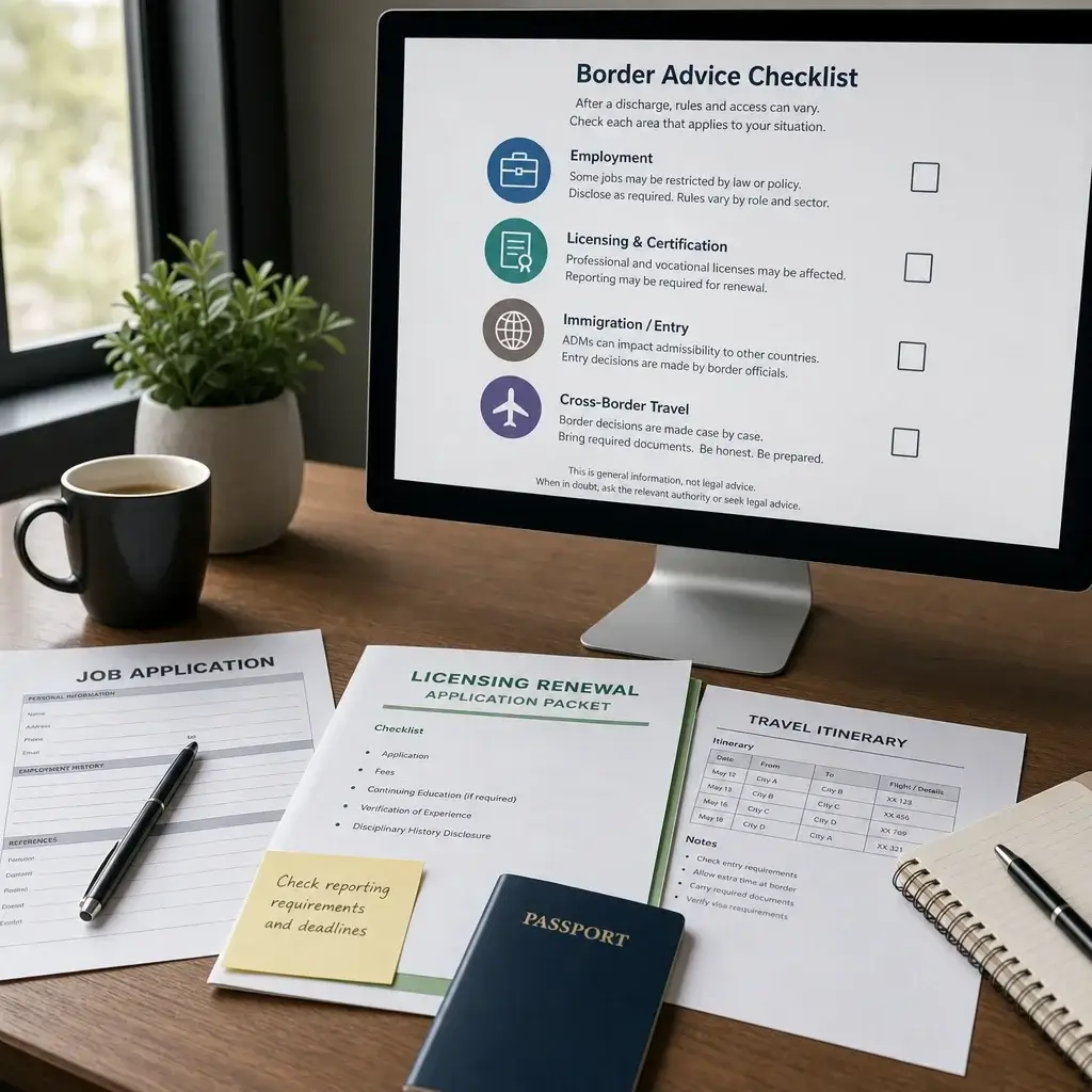Absolute Discharge for Assault in Canada: Eligibility, Record Effects, and What Judges Consider 5 Documents showing employment, licensing, immigration, and travel implications after a discharge.