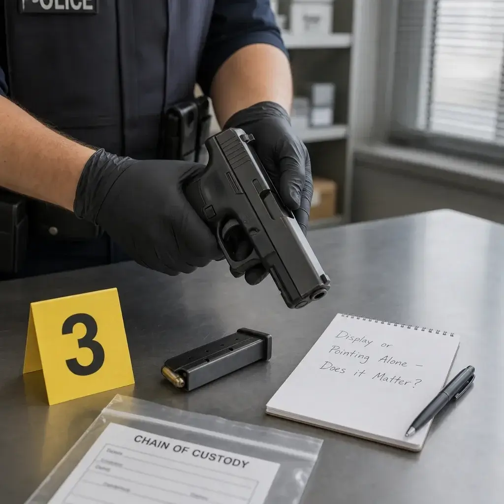 Aggravated Assault With a Deadly Weapon Meaning: Charges, Sentences, and Defences 4 A handgun held as evidence, illustrating that display or pointing can matter even if it is not fired.