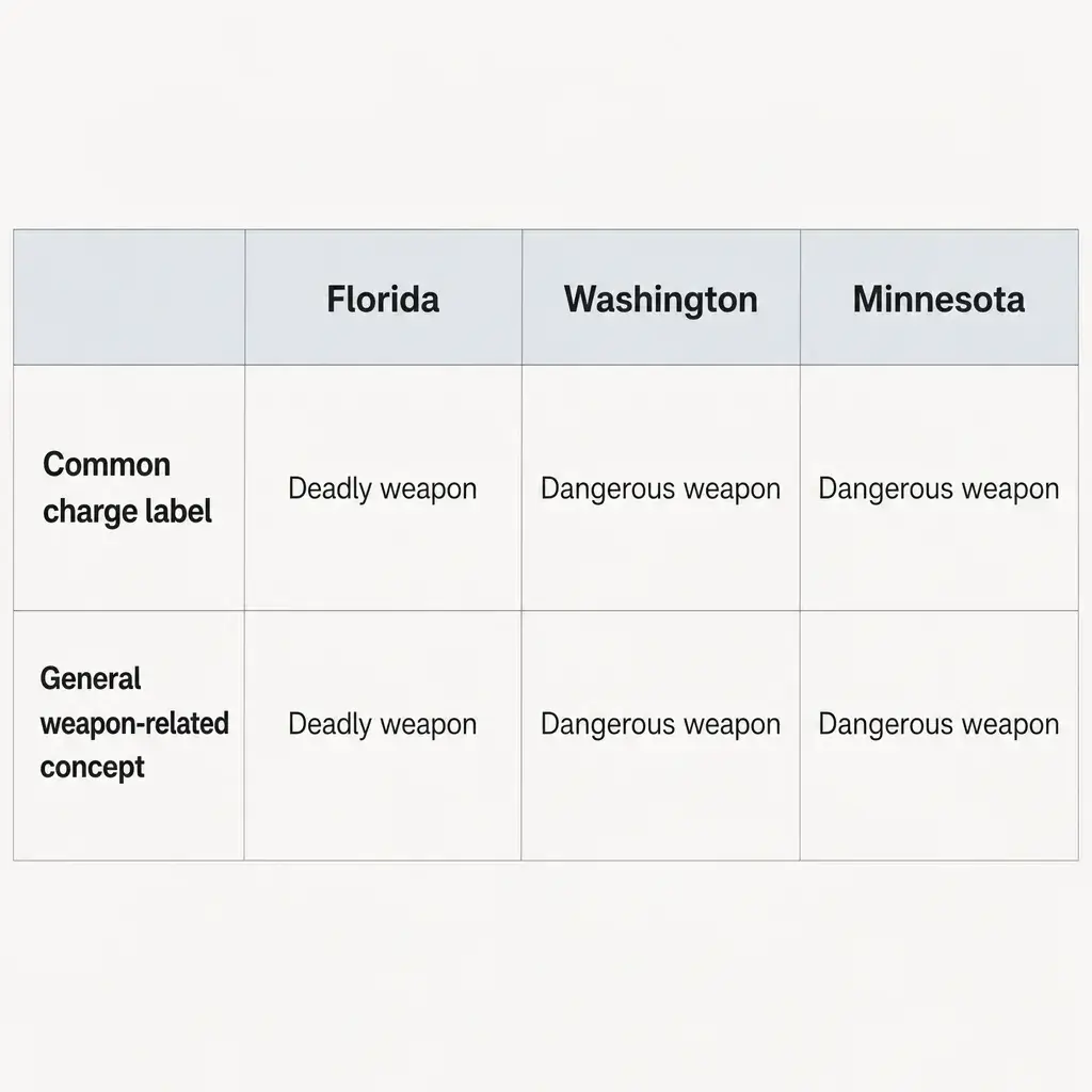 Aggravated Assault With a Deadly Weapon Meaning: Charges, Sentences, and Defences 6 A simple chart comparing assault charge labels in Florida, Washington, and Minnesota.