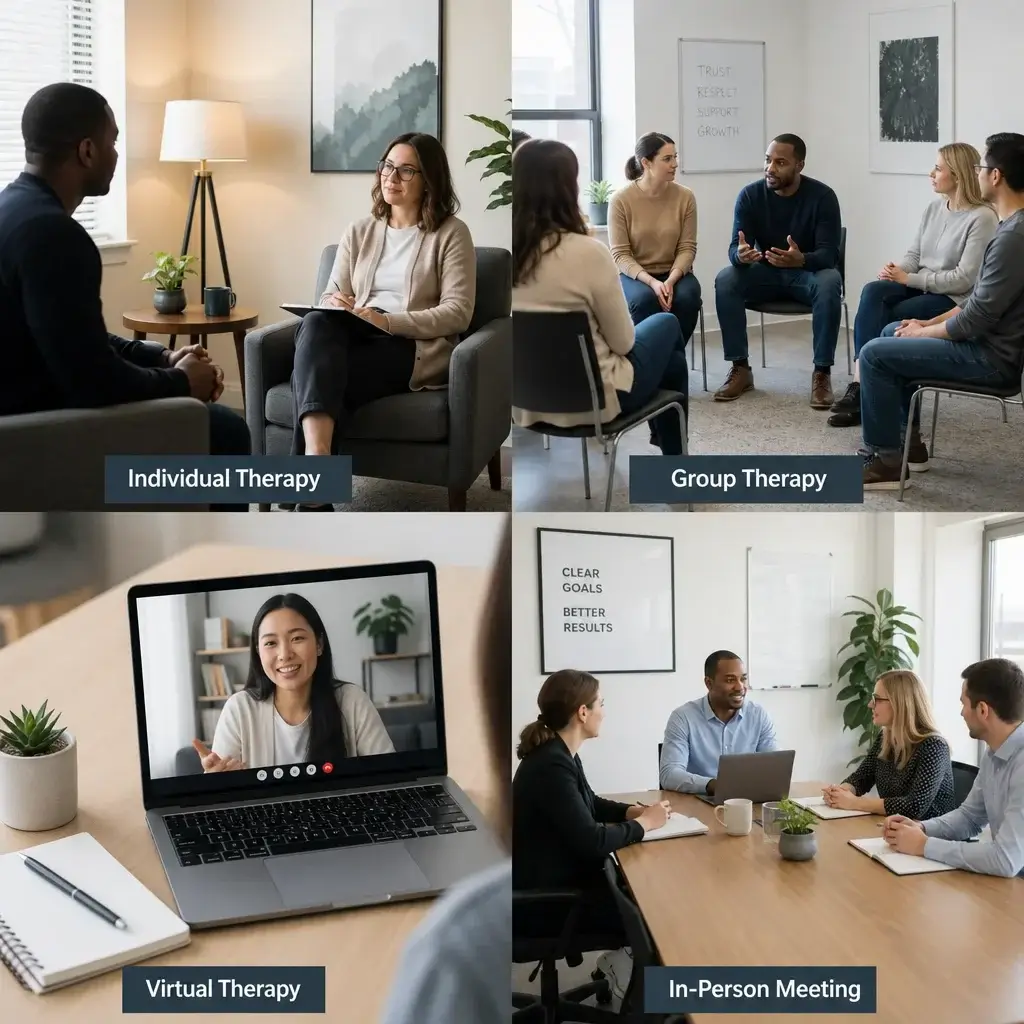 Anger Management for an Assault Charge: What Program Fits and What Courts May Accept 5 Four program formats shown in one balanced composition: private, group, online, and in-person.