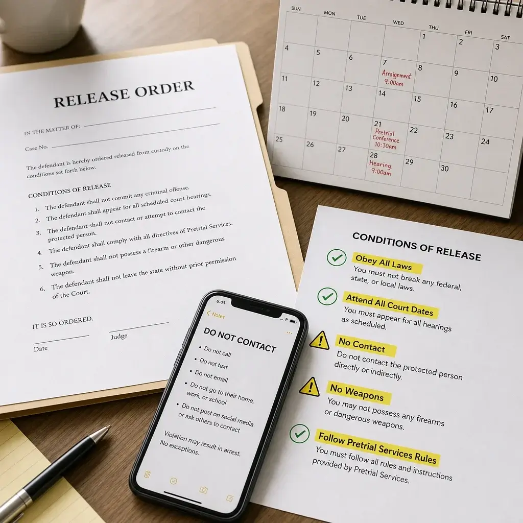 Assault Defence Checklist in Canada: What to Do After a Charge 4 Release paperwork, a calendar, and a phone illustrating how to follow bail conditions.