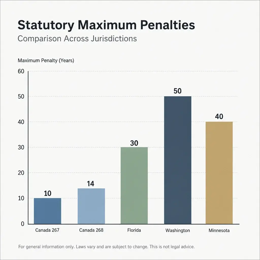 Aggravated Assault With a Deadly Weapon Meaning: Charges, Sentences, and Defences 7 A comparison chart of statutory maximum penalties for assault-related charges in several jurisdictions.