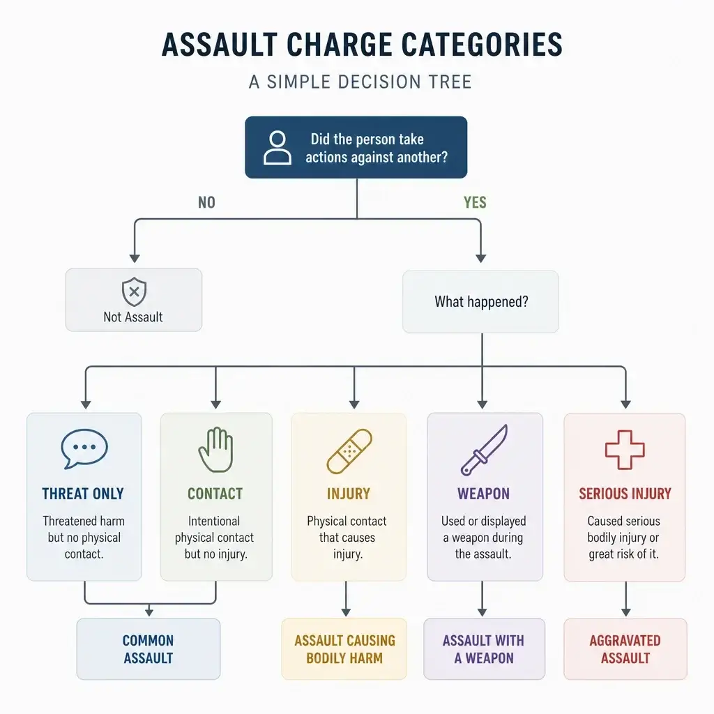 Charged With Assault First Offence in Canada? What Happens Next 2 A simple decision-tree diagram showing how different facts can lead to different assault charge labels.