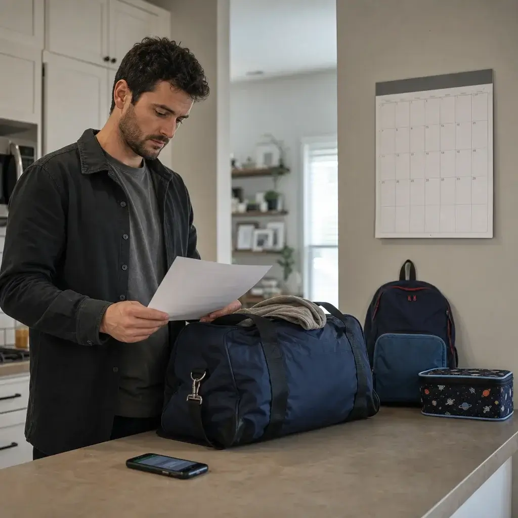 Difference Between Assault and Domestic Assault in Canada 3 A person reviewing release conditions at home with packed belongings and a child’s backpack nearby.