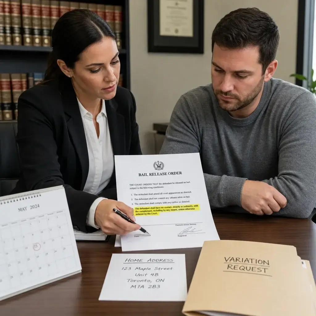 False Domestic Assault Charges in Ontario: What to Do Now 7 A lawyer and client reviewing a bail order and a request to vary conditions.