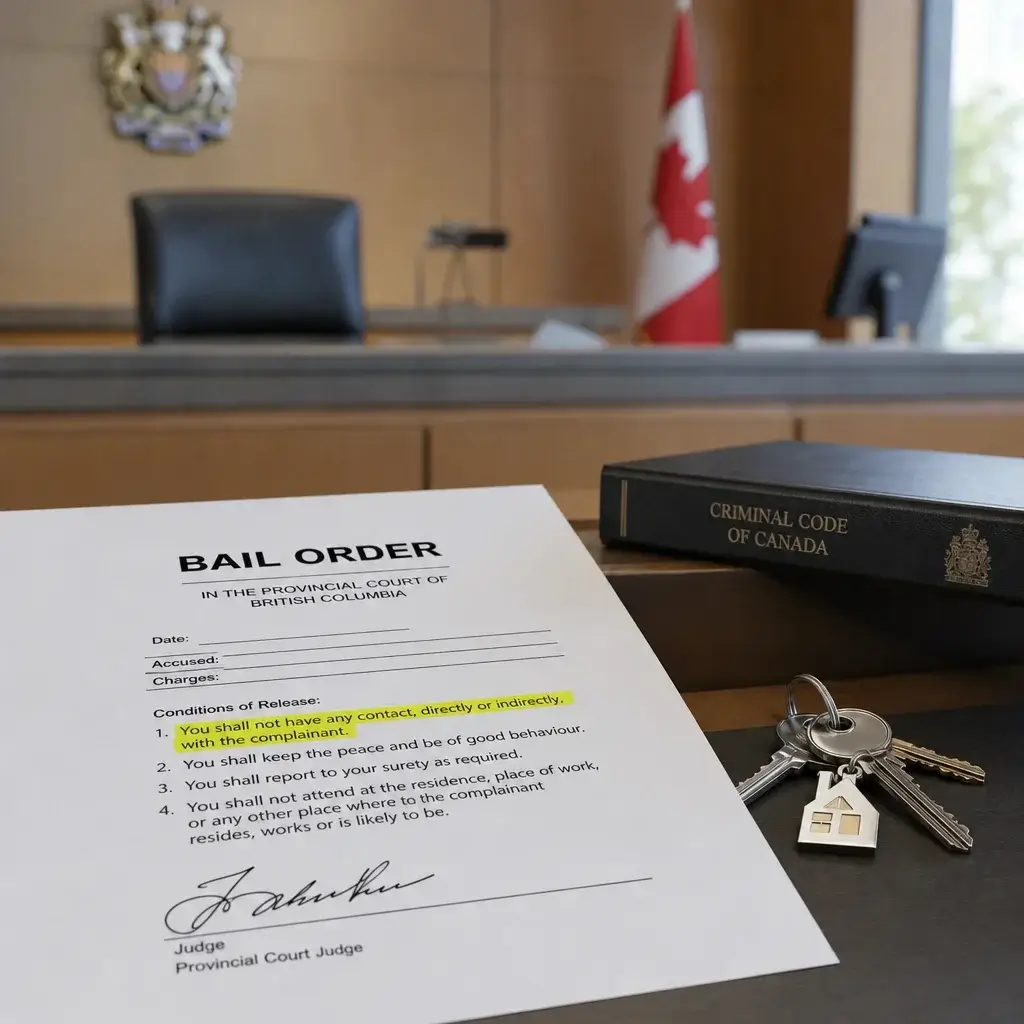 Second Time Domestic Assault Charge in Canada: What Happens Next 4 Bail papers with no-contact conditions and house keys on a courtroom desk.