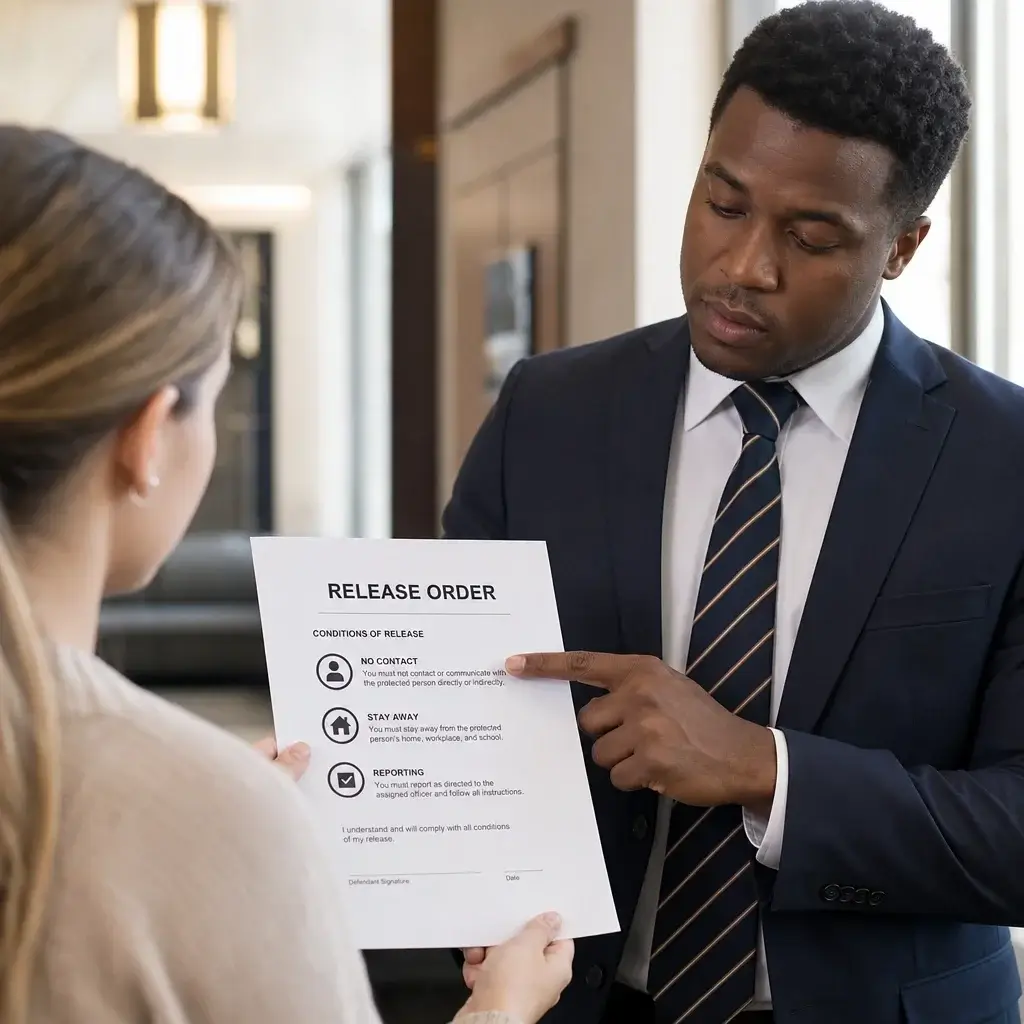 Charged With Assault First Offence in Canada? What Happens Next 4 A person and lawyer reviewing release conditions and a no-contact order after an assault charge.