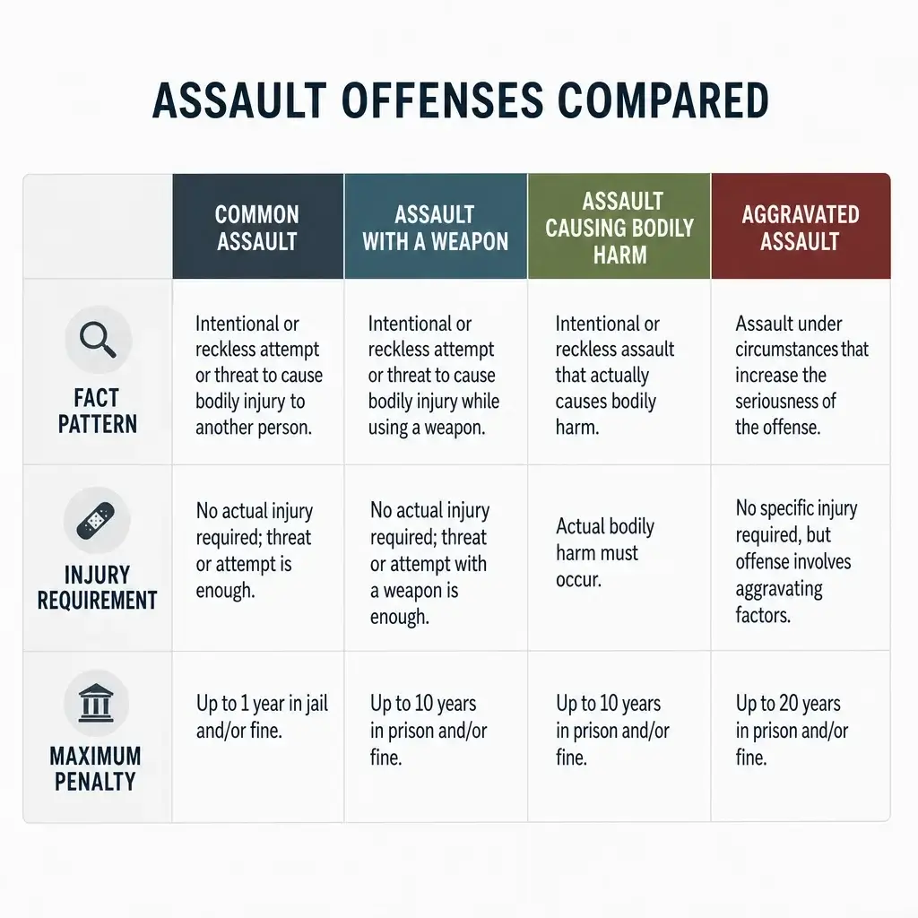 Charged With Assault First Offence in Canada? What Happens Next 3 A comparison chart of the main Canadian assault categories and how they differ.