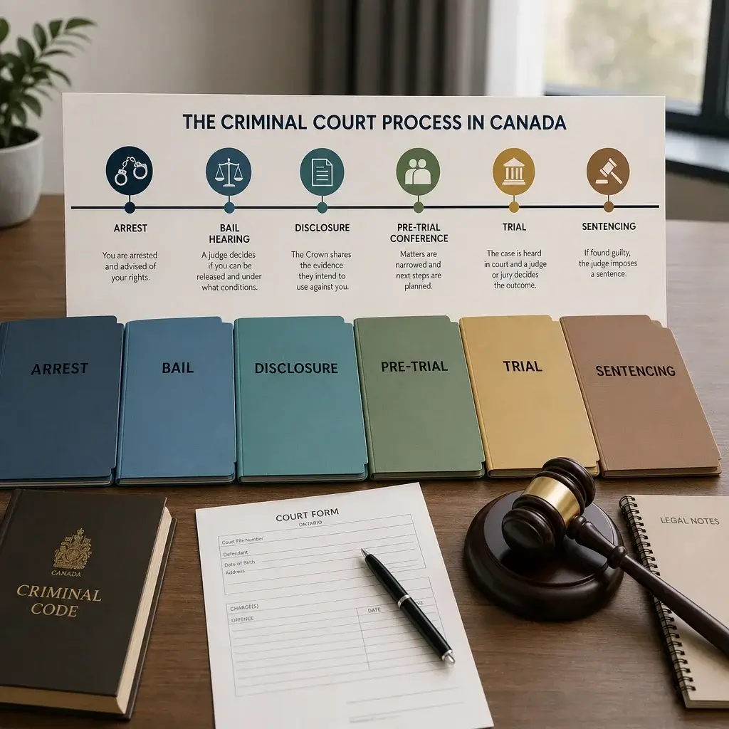 Second Time Domestic Assault Charge in Canada: What Happens Next 6 Court case timeline from arrest through sentencing laid out on a desk.
