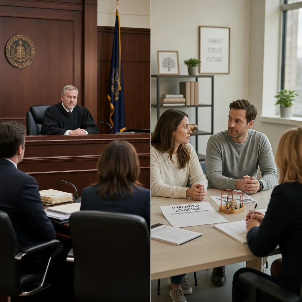 False Domestic Assault Charges in Ontario: What to Do Now 8 A split view of criminal court and family court settings side by side.