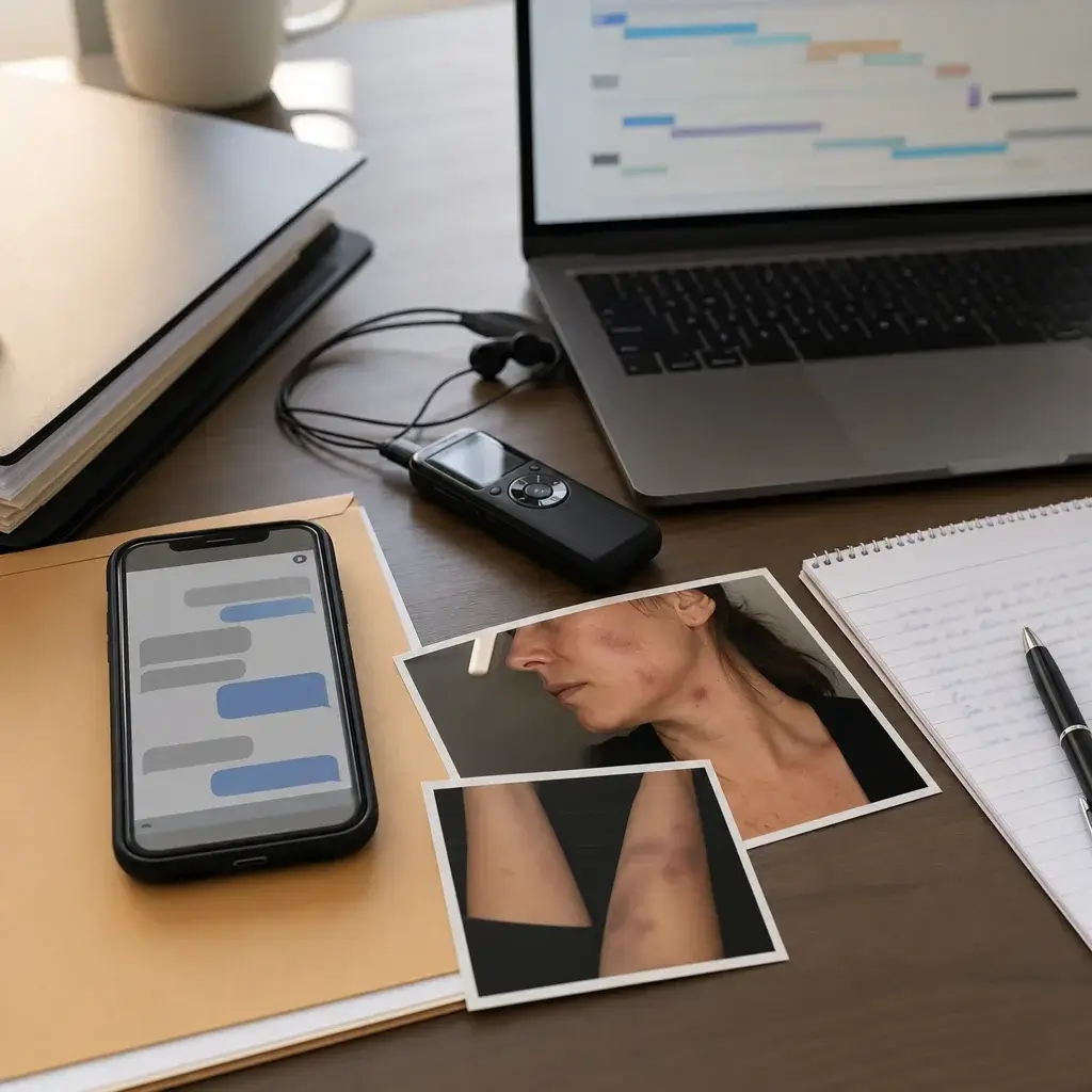 Difference Between Assault and Domestic Assault in Canada 4 A desk with phones, photos, and notes representing evidence in a domestic assault case.