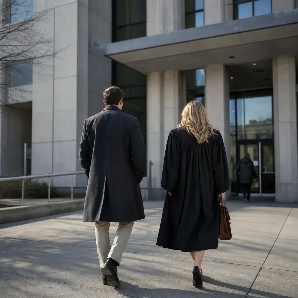 False Domestic Assault Charges in Ontario: What to Do Now 2 A person and lawyer approaching a courthouse, representing the criminal court process after an allegation.