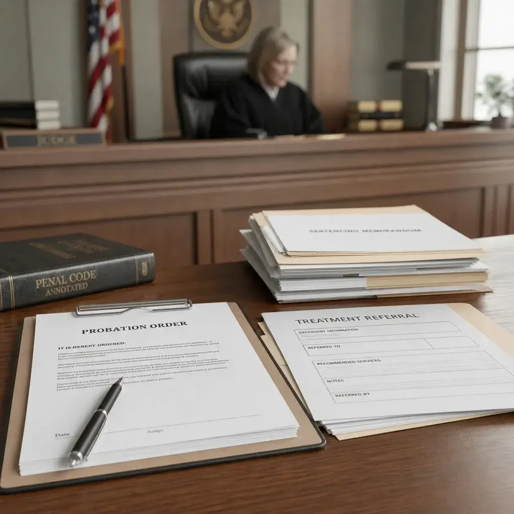 Second Time Domestic Assault Charge in Canada: What Happens Next 7 Courtroom desk with sentencing papers, probation, and treatment forms.