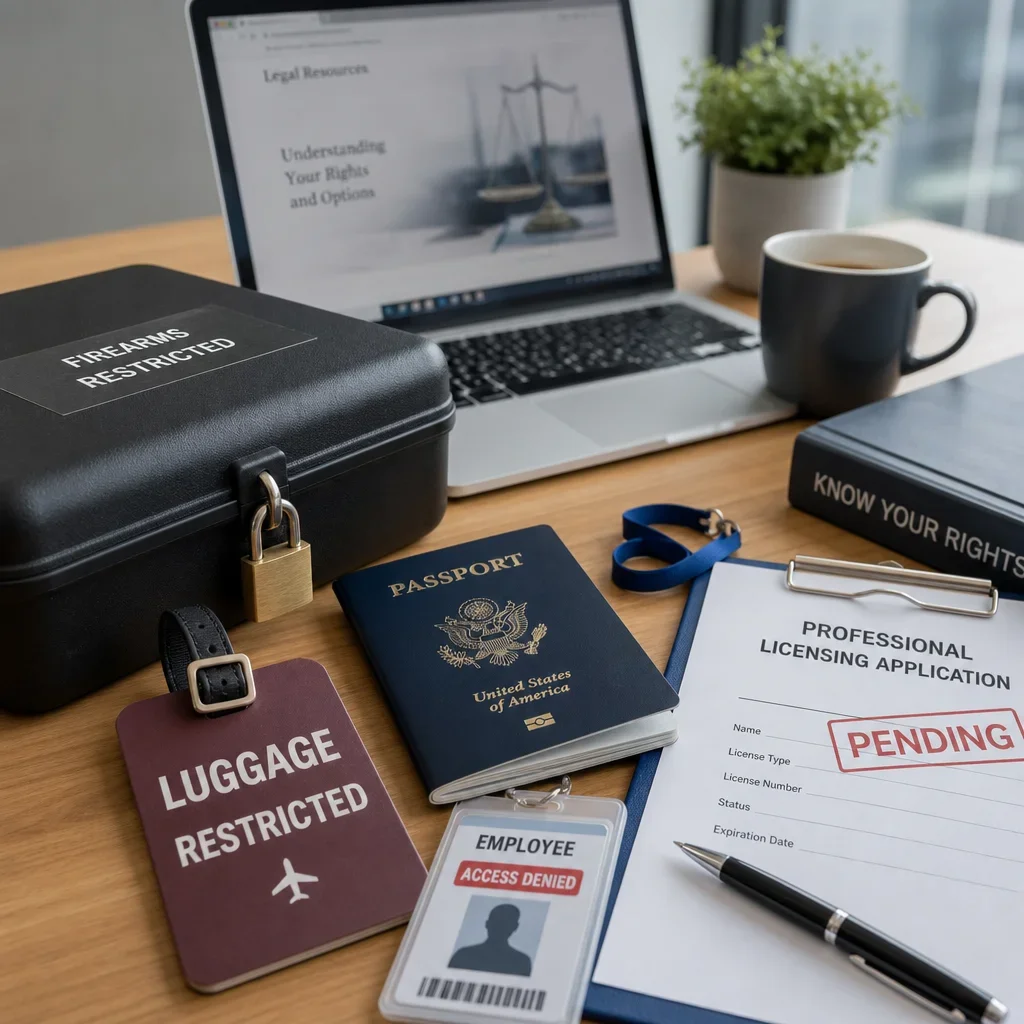 False Domestic Assault Charges in Ontario: What to Do Now 9 A desk with travel, work, licensing, and firearms-related items showing practical consequences.