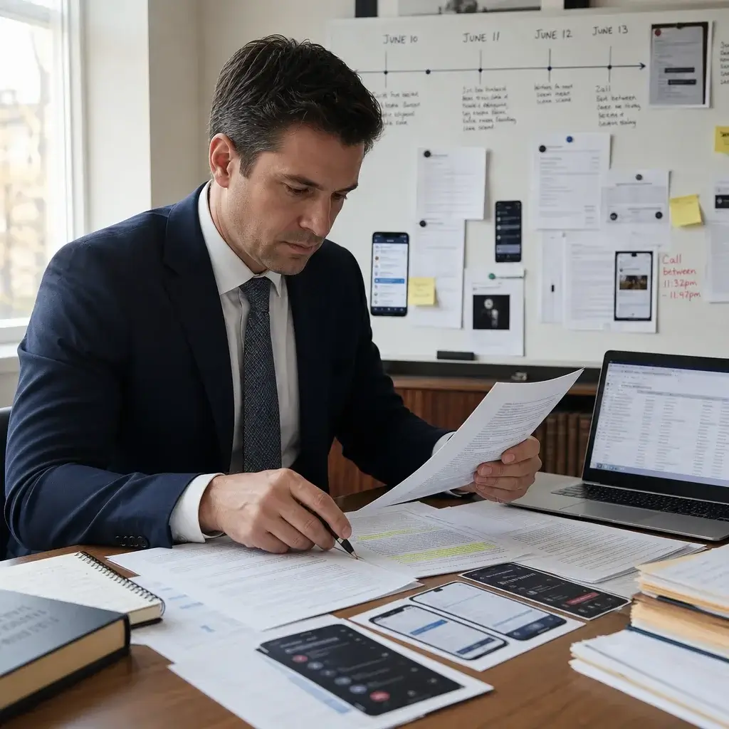 False Domestic Assault Charges in Ontario: What to Do Now 5 A lawyer reviewing statements, screenshots, and a timeline while preparing a defence.