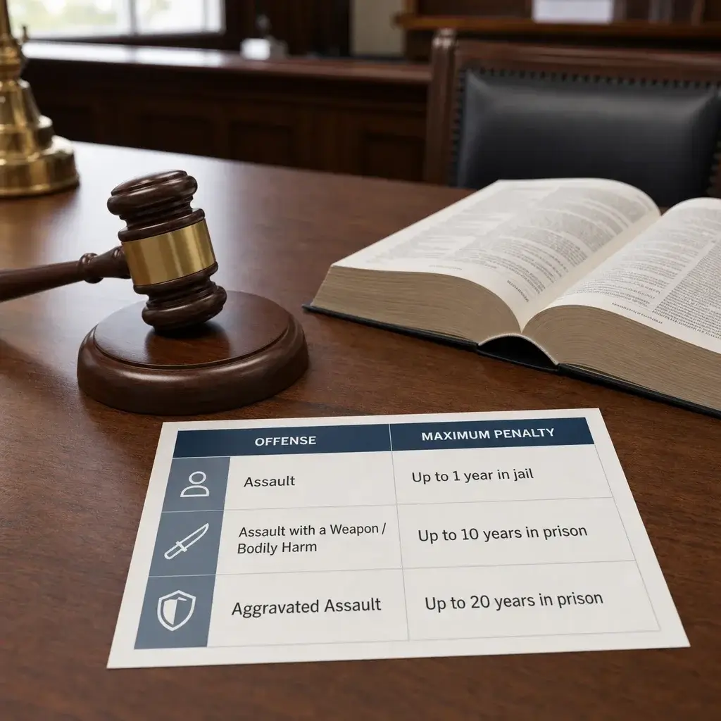 Assault vs Aggravated Assault in Canada: Key Differences Explained 4 A comparison chart and legal materials showing escalating penalties for assault offences.