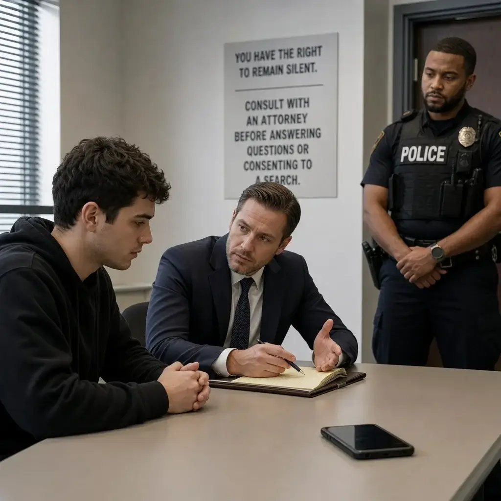 False Domestic Assault Charges in Ontario: What to Do Now 3 A person speaking with a lawyer in a police interview room with a phone on the table.