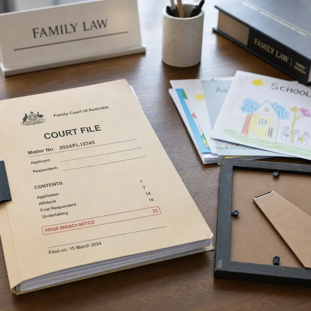 Second Time Domestic Assault Charge in Canada: What Happens Next 8 Court file with prior breach papers and family-related documents.