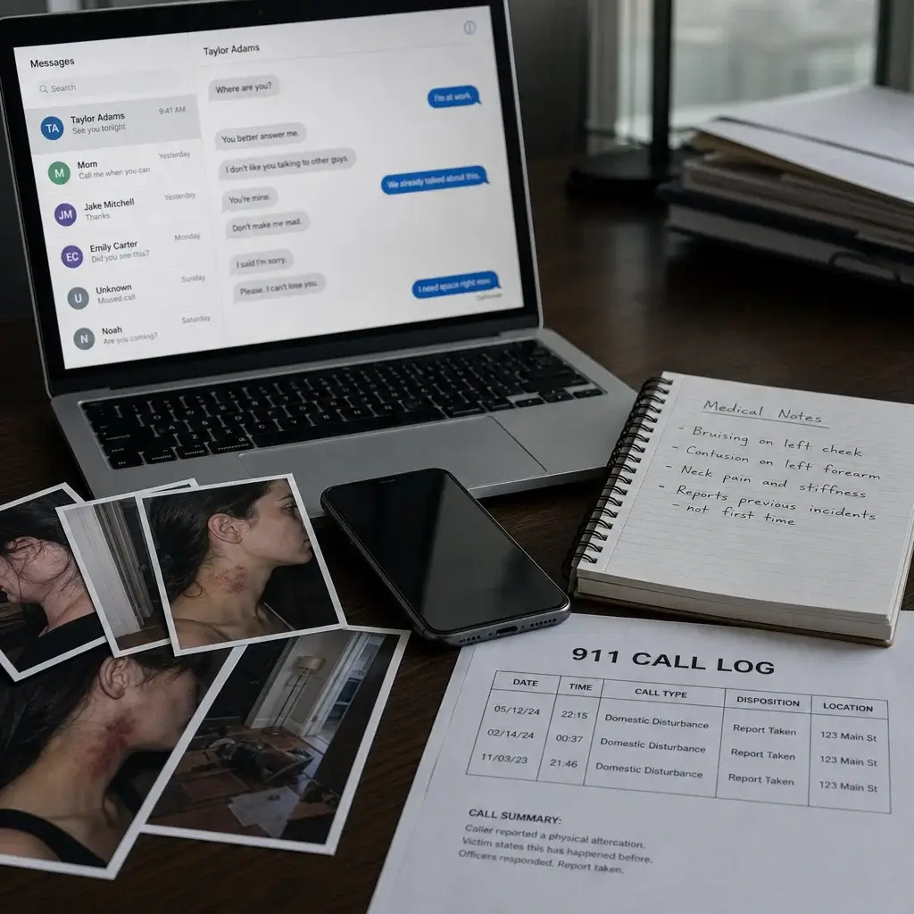 Second Time Domestic Assault Charge in Canada: What Happens Next 5 Desk with phone records, photos, and messages used as evidence.