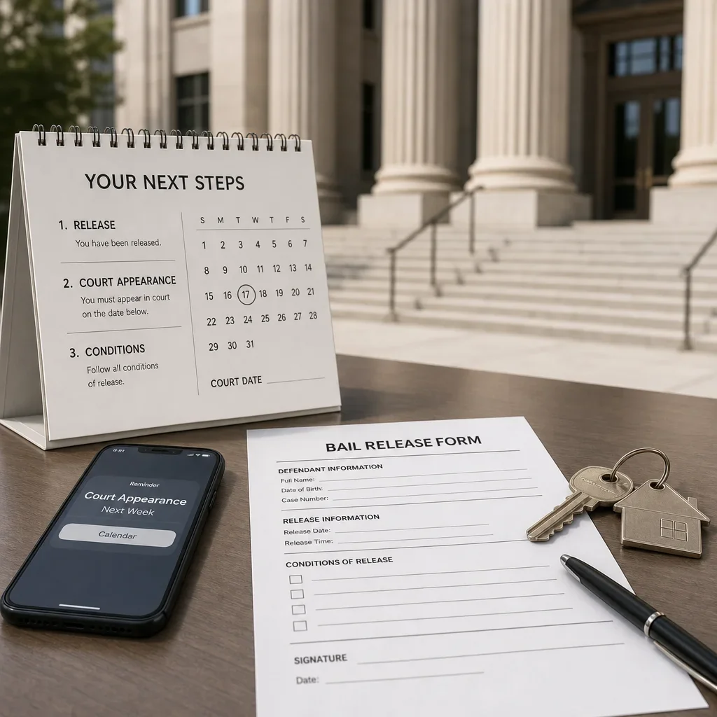 Assault With a Weapon Charge in Canada: Penalties, Defences & Jail Time 8 A desk scene representing release, bail, and the court process after arrest.