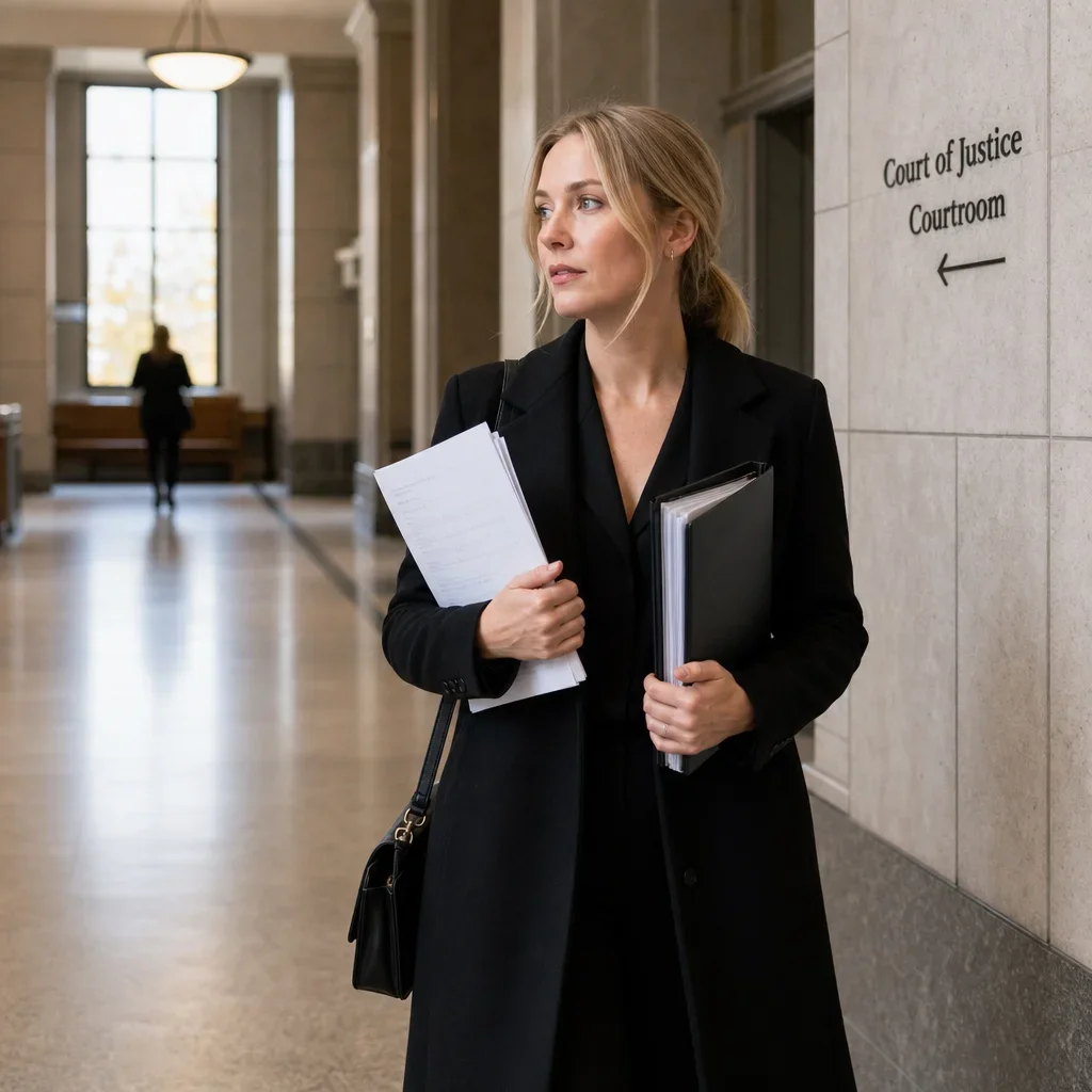 Common Assault Defence in Canada: Self-Defence, Evidence, Penalties 6 A person with court papers walking through a courthouse corridor.