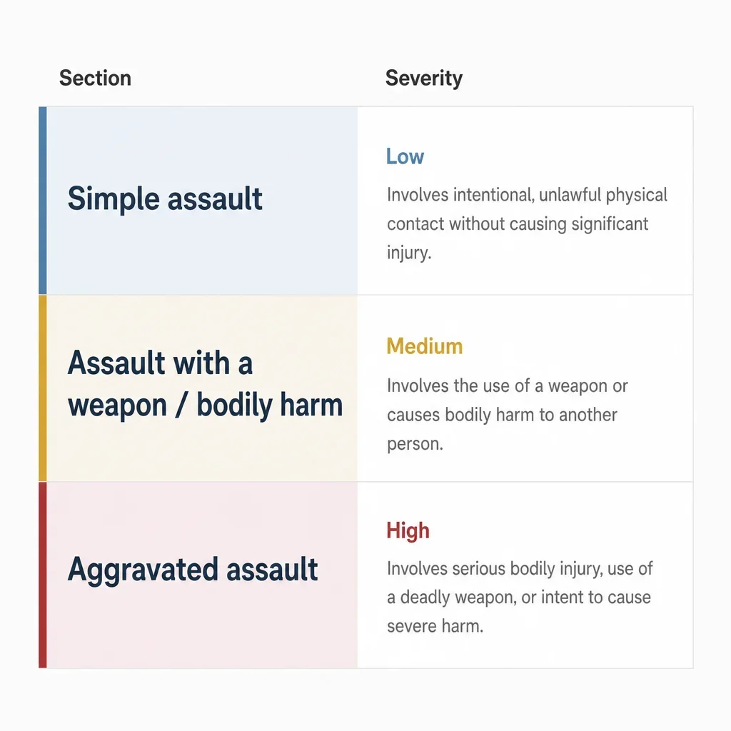 Domestic Assault False Allegations in Ontario: What to Do Now 6 Minimal chart showing assault charge categories and relative severity.