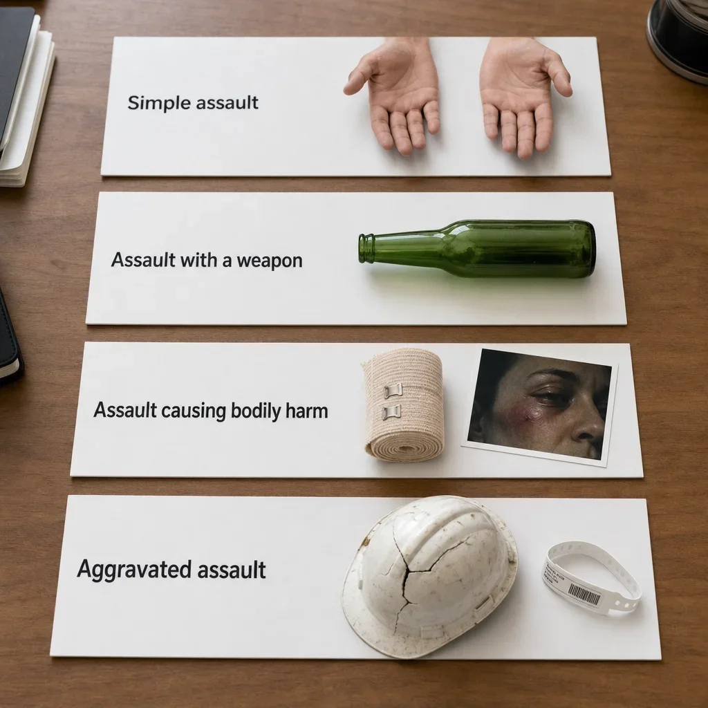 Assault With a Weapon Charge in Canada: Penalties, Defences & Jail Time 2 A comparison of four assault charge levels using objects and evidence on a desk.