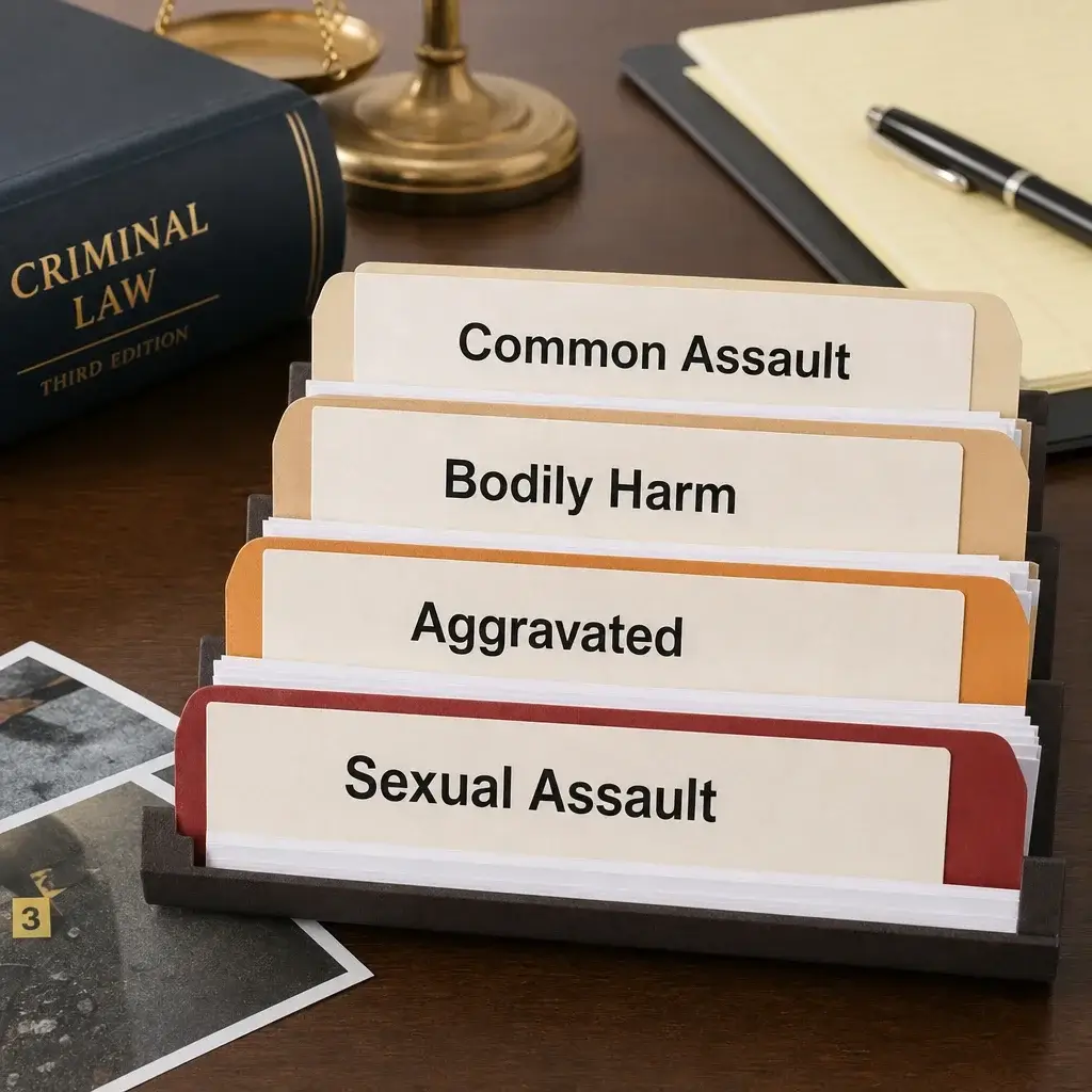 Assault Trial Process in Canada: From Charge to Verdict 2 File folders comparing common assault, bodily harm, aggravated assault, and sexual assault.