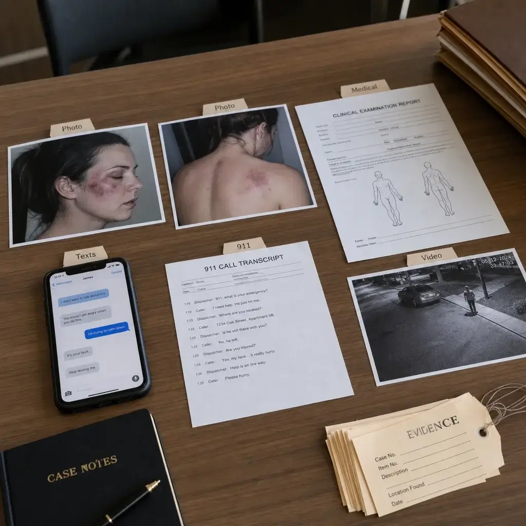 Assault Trial Process in Canada: From Charge to Verdict 6 Evidence items commonly used in an assault case, including photos, texts, and medical records.