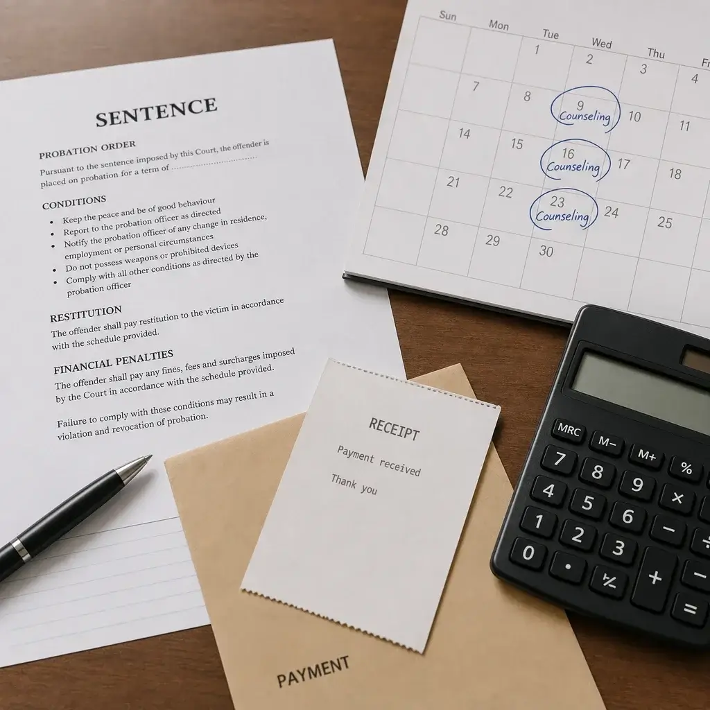 Assault Charges Sentence in Canada: Jail Time, Fines & Aggravated Assault 5 A desk scene illustrating probation, restitution, and other non-jail assault penalties.