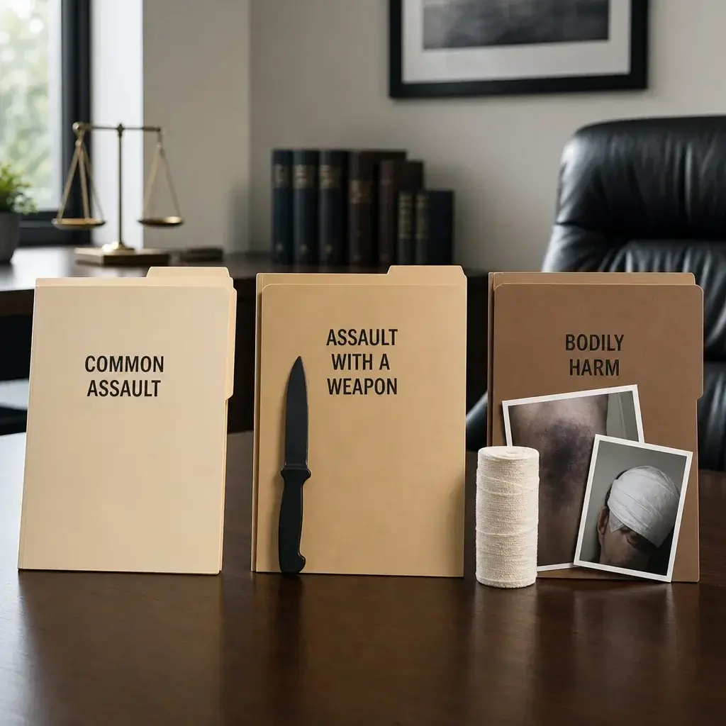 Assault Charges Sentence in Canada: Jail Time, Fines & Aggravated Assault 2 Three legal folders on a desk representing common assault, assault with a weapon, and assault causing bodily harm.