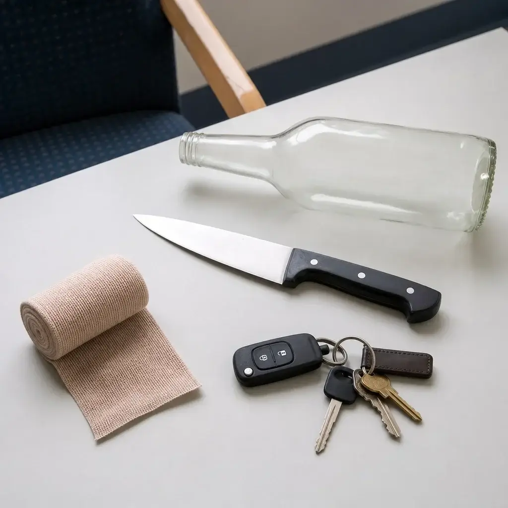 Assault Charges Sentence in Canada: Jail Time, Fines & Aggravated Assault 7 Evidence-style still life showing ordinary objects that can be treated as weapons in an assault case.