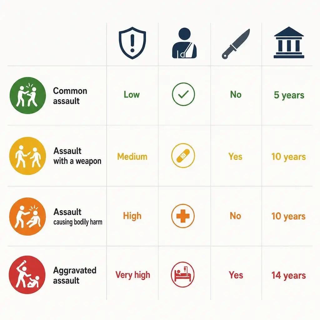 Assault Charges Sentence in Canada: Jail Time, Fines & Aggravated Assault 3 A minimal comparison chart showing the main assault charges, their severity, and maximum sentences.