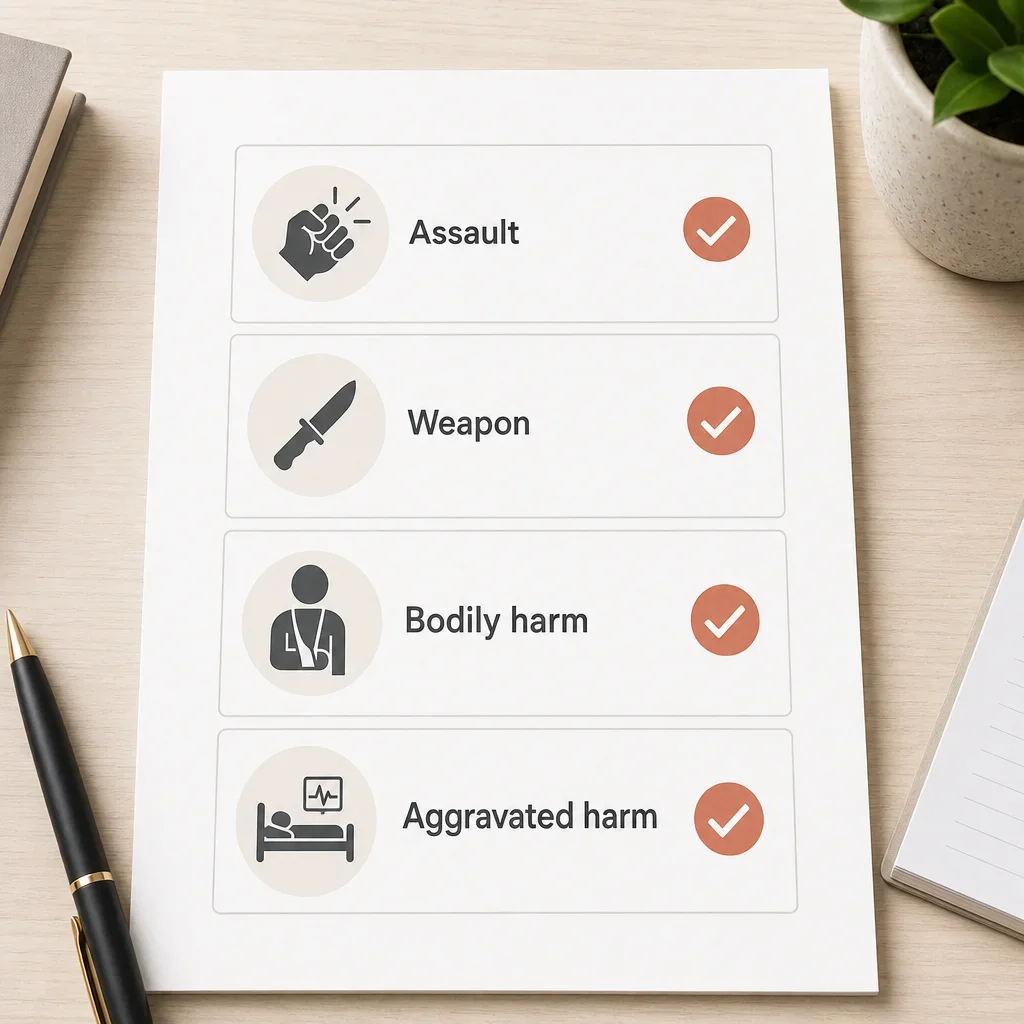 Assault With a Weapon Charge in Canada: Penalties, Defences & Jail Time 4 A simple checklist diagram showing the Crown’s proof steps for assault charges.