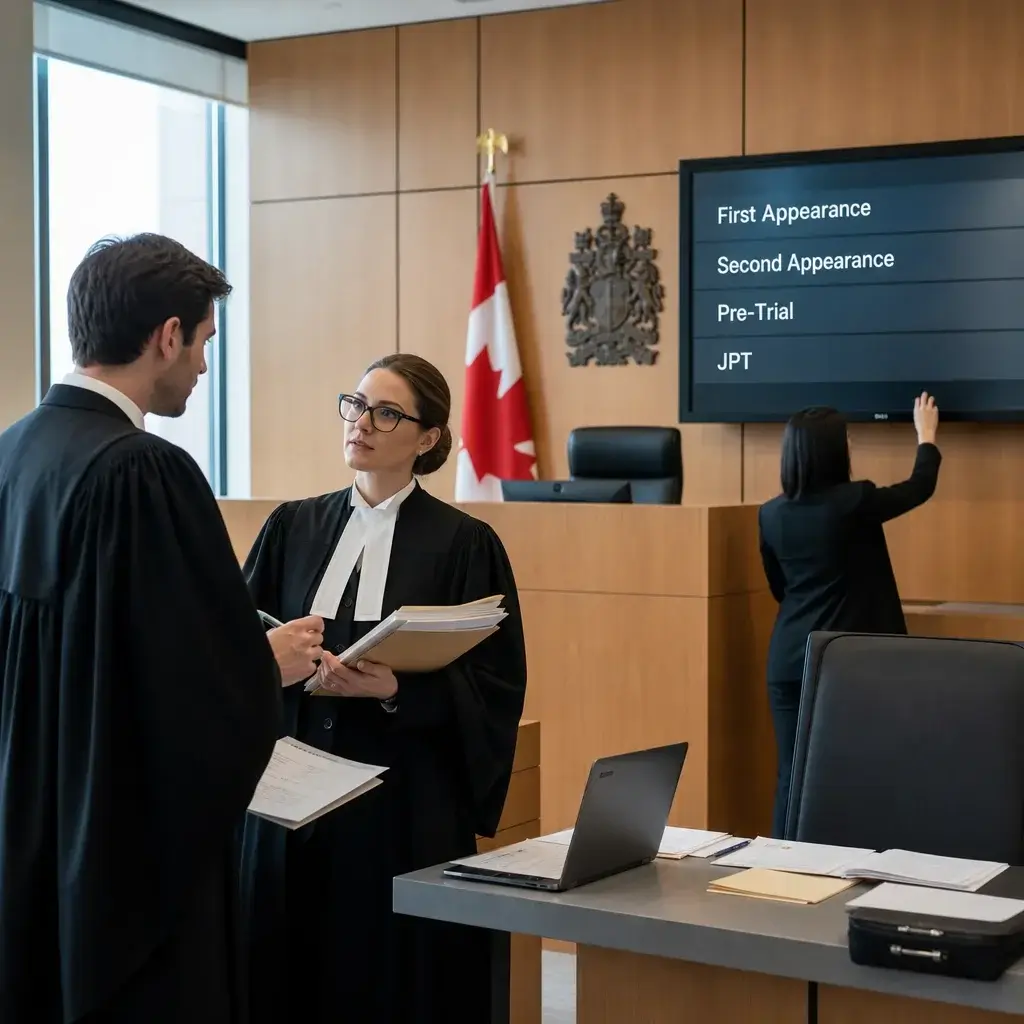 Assault Trial Process in Canada: From Charge to Verdict 4 Lawyers and a clerk managing early court dates in a courtroom.
