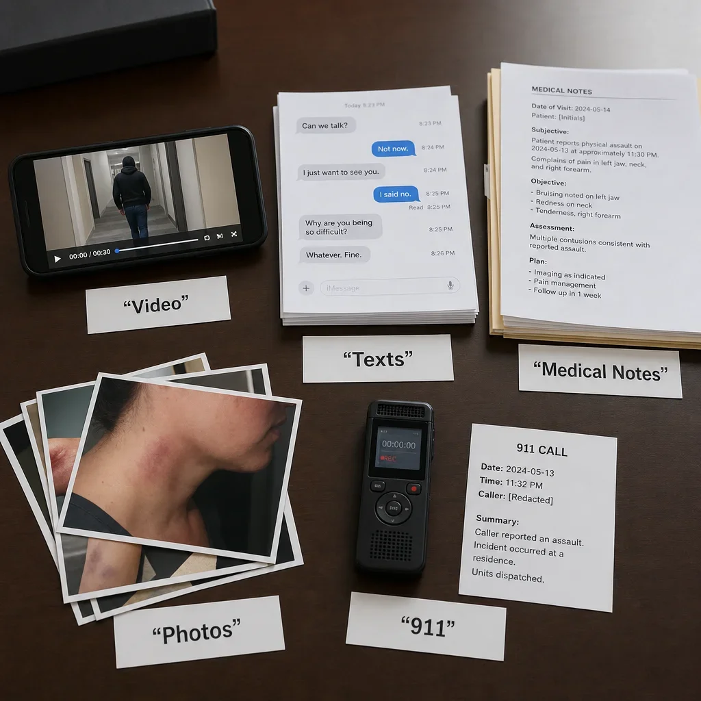 Section 267 in Canada: Assault With a Weapon & Causing Bodily Harm 7 Desk scene showing video, texts, medical notes, photos, and 911 evidence.